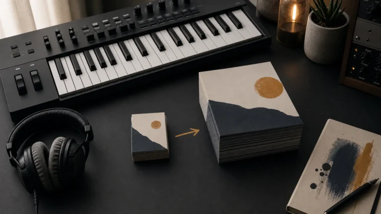 MIDI keyboard, headphones, and organized compact and full sound-bank materials on a studio desk
