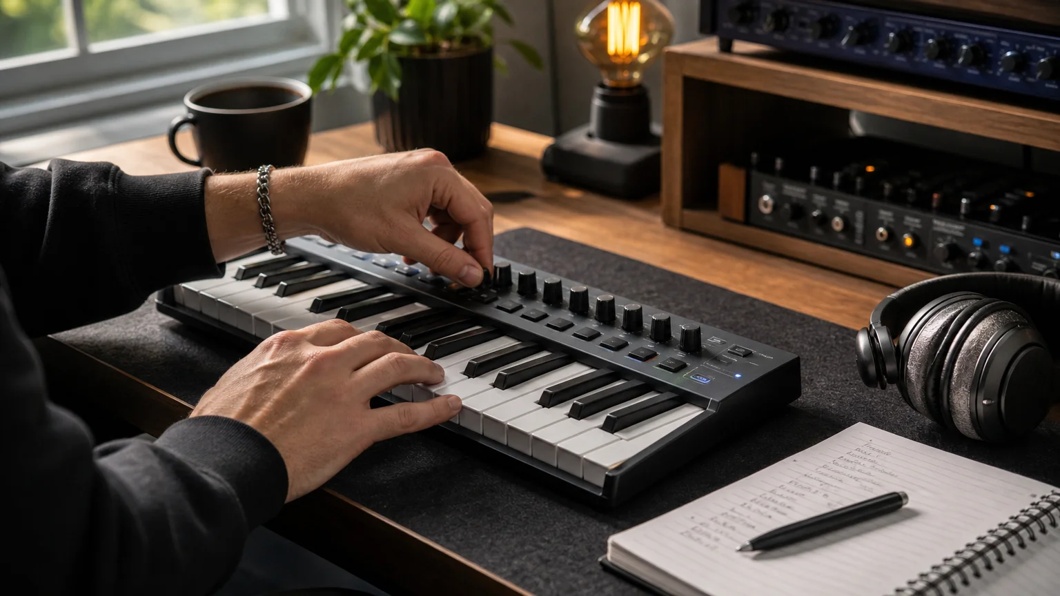 Producer auditioning a compact preset selection on a MIDI keyboard in a modern studio
