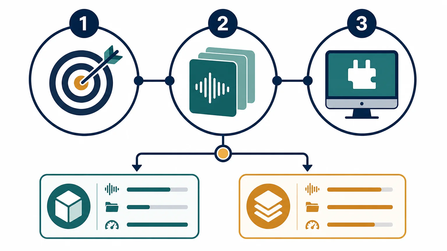 Minimal three-step visual checklist for choosing a compact or full sound bank