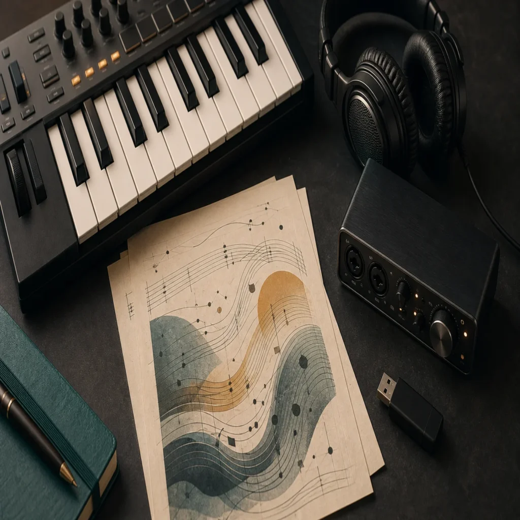 Professional flat lay of music production equipment representing a custom sound-bank purchase.