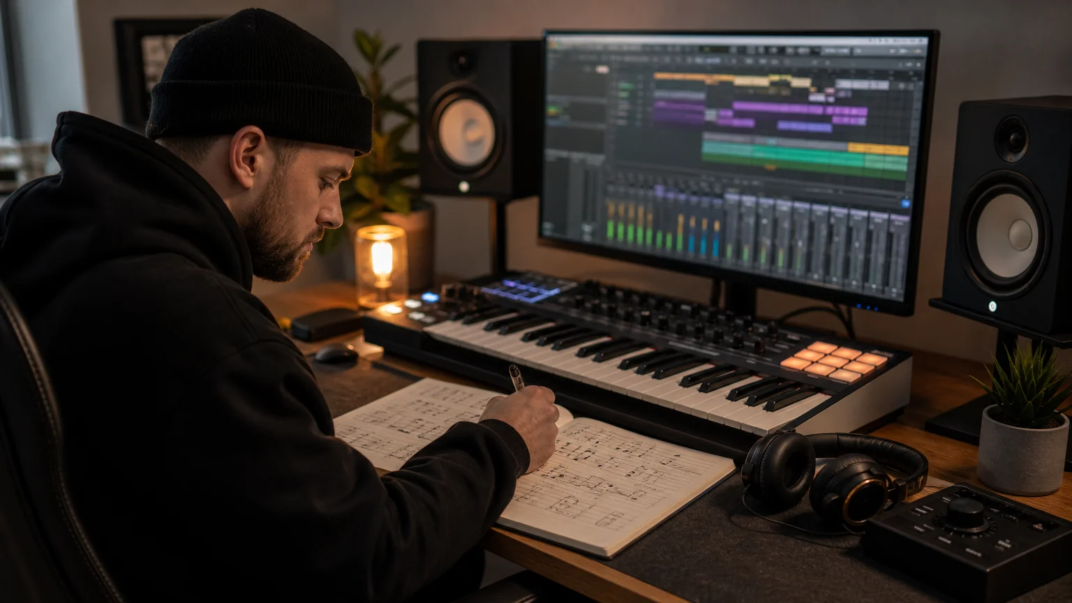 Music producer working at a home studio with a MIDI keyboard and sound-selection workflow.