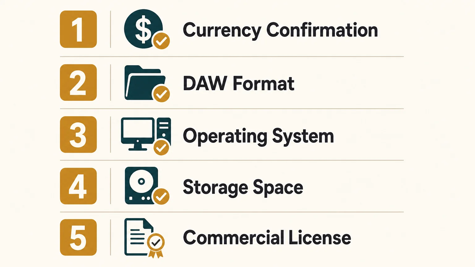 Five-step compatibility and purchase checklist for a music production plugin.