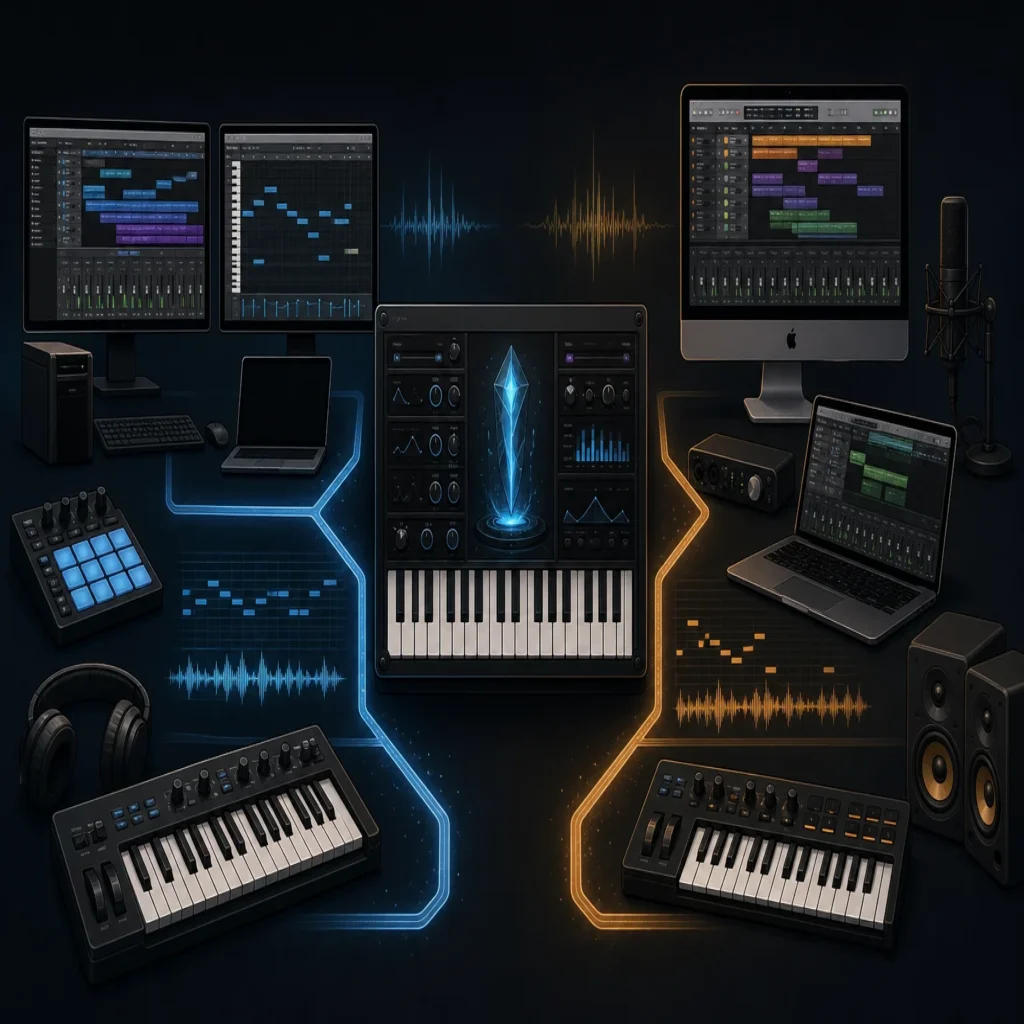 Editorial illustration of a VST3 and AU plugin workflow for music production