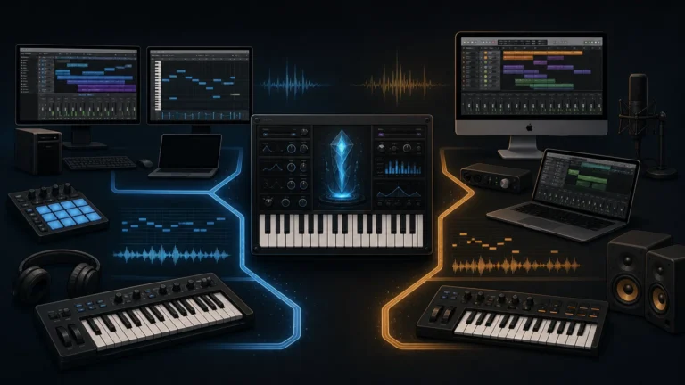 Editorial illustration of a VST3 and AU plugin workflow for music production