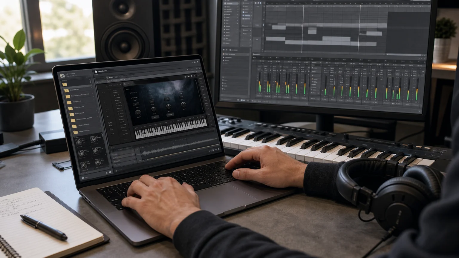 Producer checking plugin installation and DAW scanning on a studio workstation