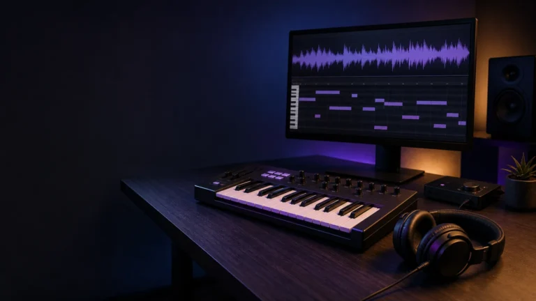 Editorial photo of a modern trap producer workstation with a MIDI keyboard, studio headphones, monitor showing an abstract waveform and piano roll, and a dark atmospheric music production mood