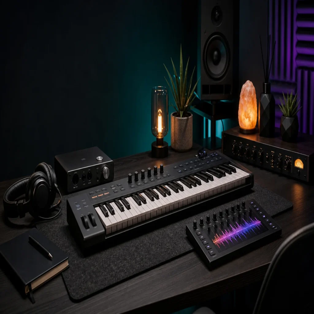 Modern music production desk arranged for FX sound design