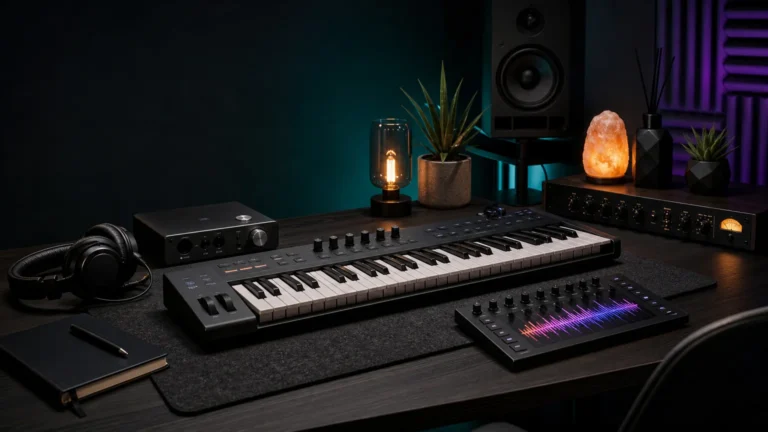 Modern music production desk arranged for FX sound design