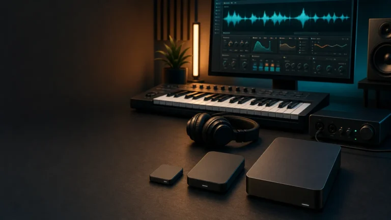 Studio desk with music-production equipment and three storage drives representing sound-bank price tiers.