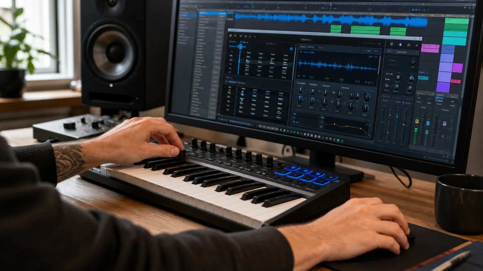 Producer selecting a sound with a MIDI keyboard and generic DAW interface.