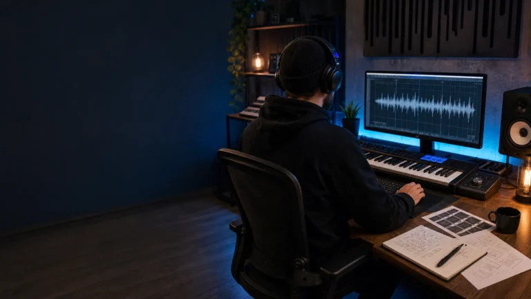 Beatmaker evaluating a royalty-free sound bank and VST workflow in a music studio