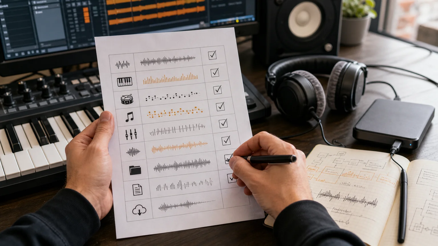 Producer reviewing a sound-bank license beside music production equipment