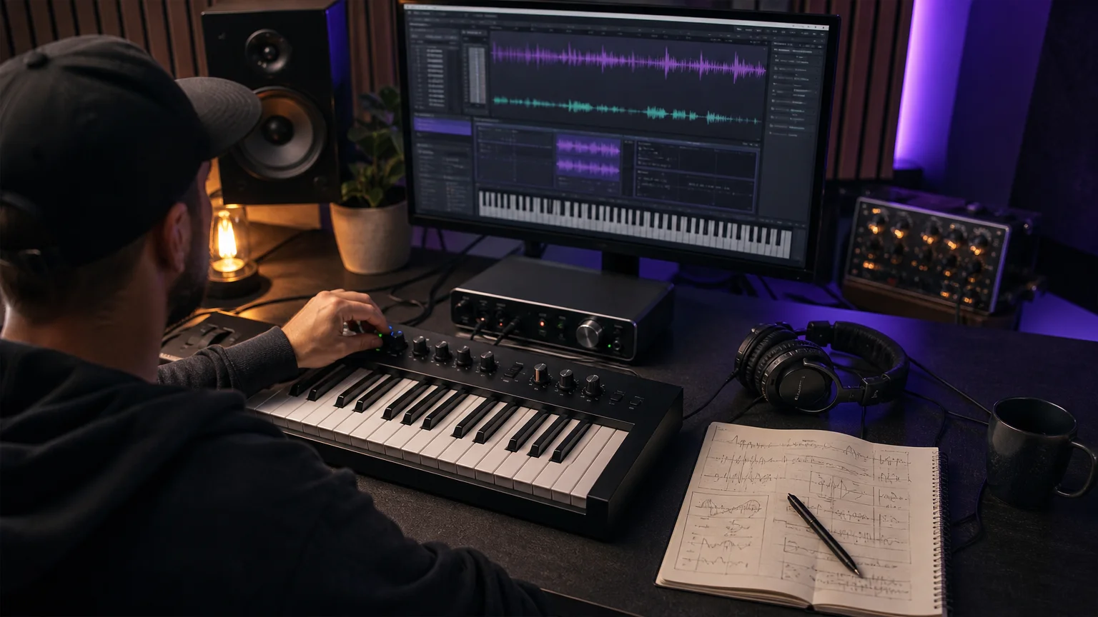 Music producer testing melodic and bass presets in a studio