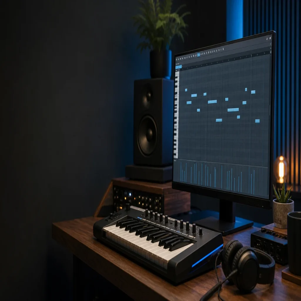 Professional music producer workspace with editable MIDI notes and virtual instruments for beatmaking