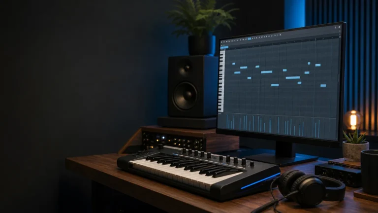 Professional music producer workspace with editable MIDI notes and virtual instruments for beatmaking