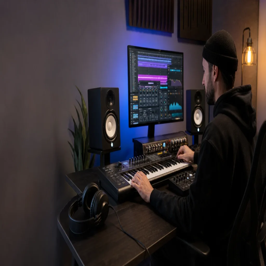 Professional music producer working with a digital audio workstation, MIDI keyboard, and studio monitors