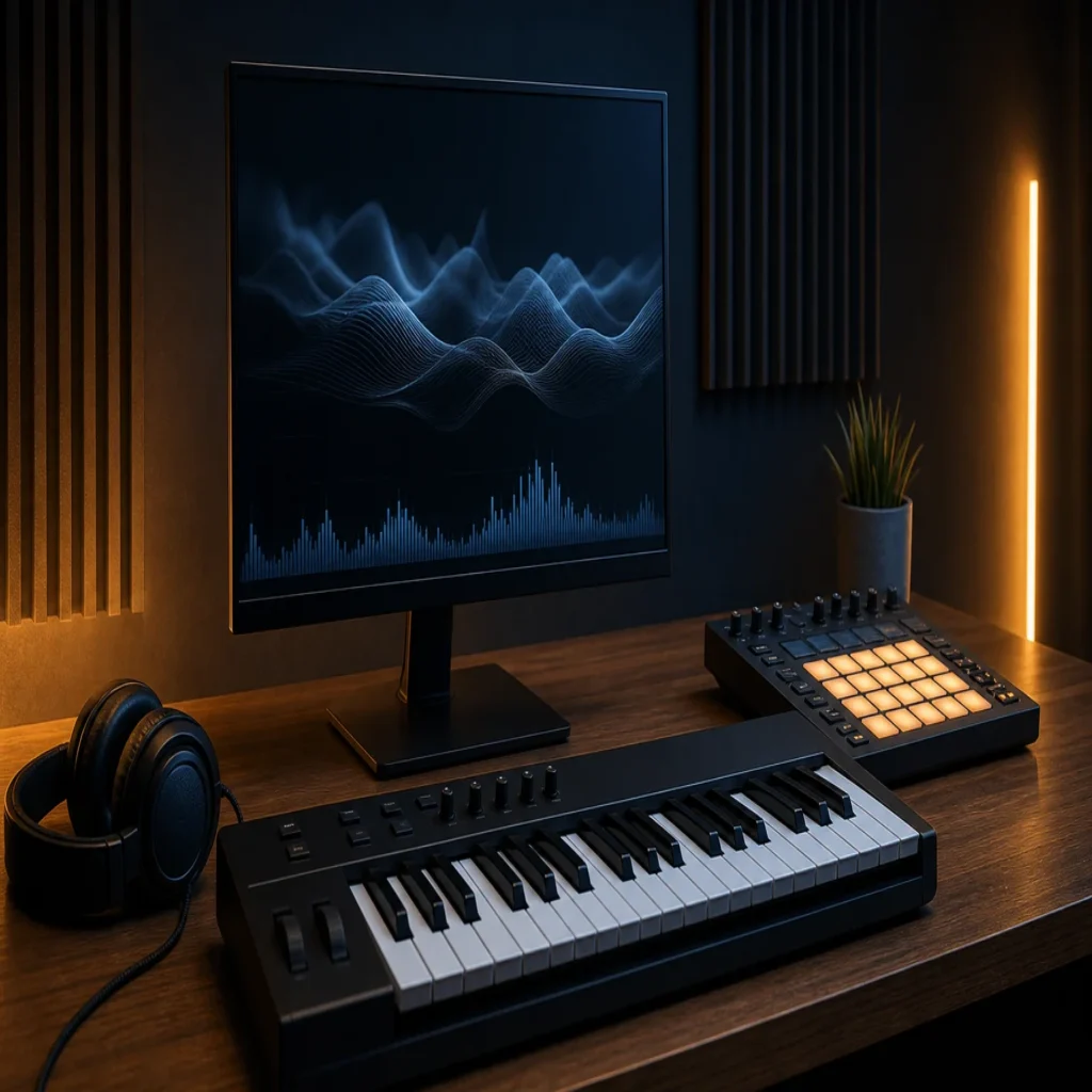 Modern trap beatmaking workspace with a MIDI keyboard, drum pads and an unbranded monitor showing abstract audio waveforms