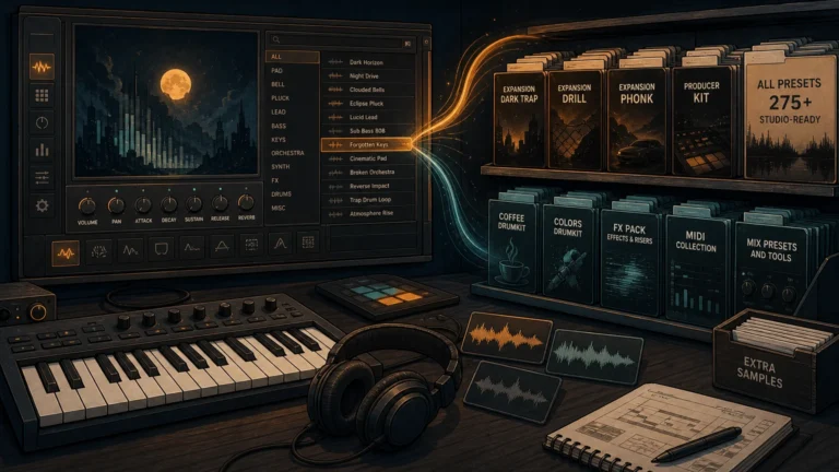 Editorial illustration comparing a focused sound bank with a broad sample library