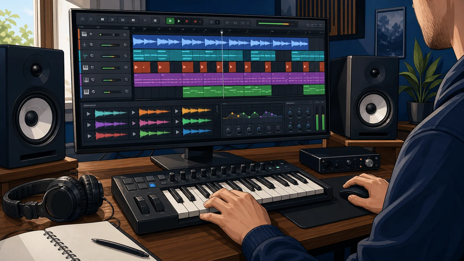 Producer auditioning drum and melodic sounds in a digital audio workstation