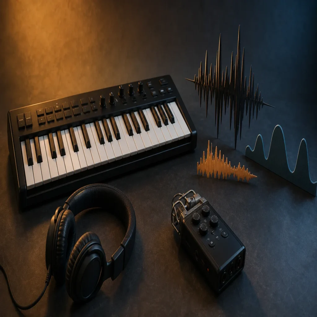 MIDI keyboard and field recorder representing playable instruments and standalone sound effects