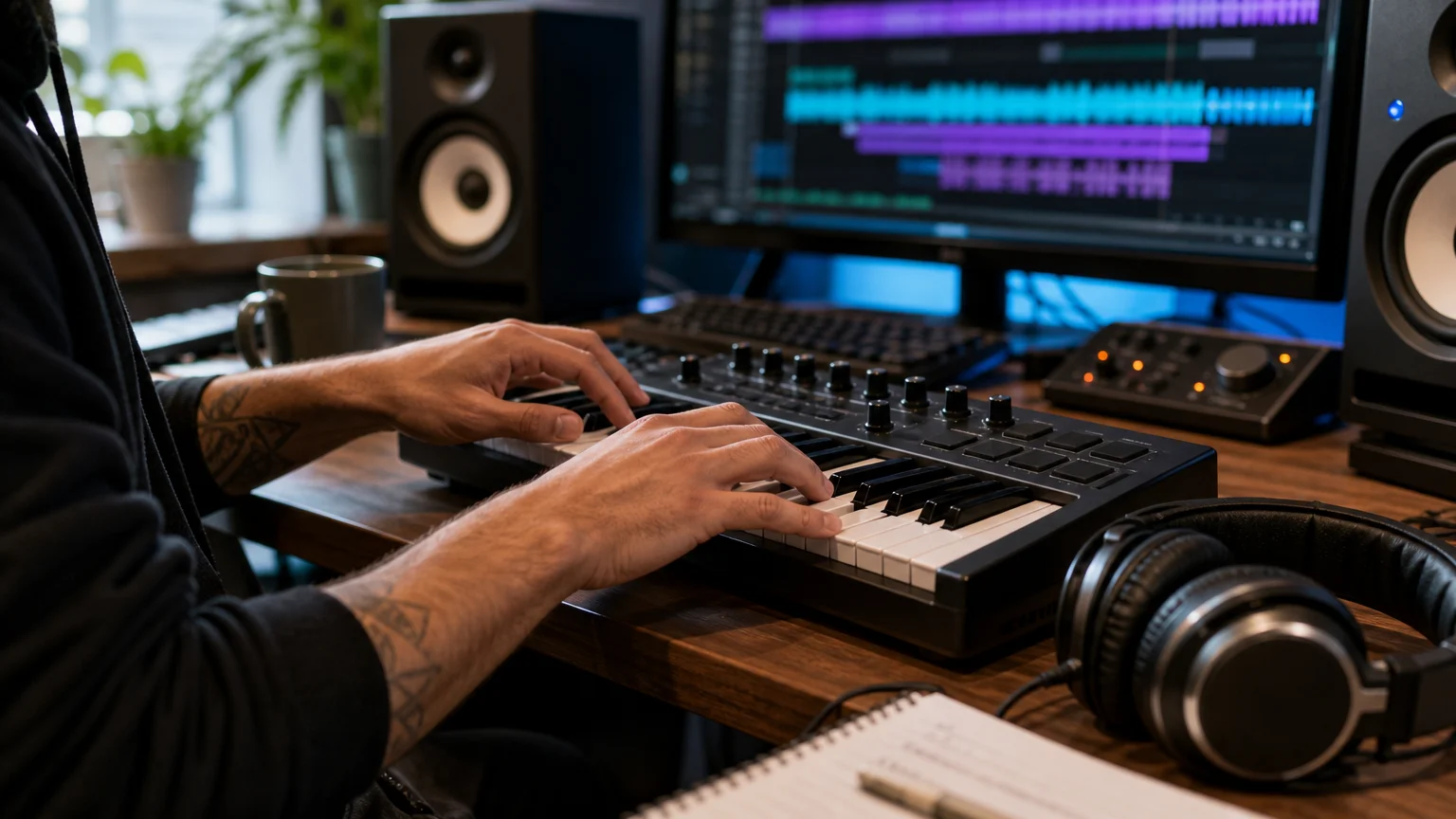 Producer playing a MIDI keyboard in a modern music studio