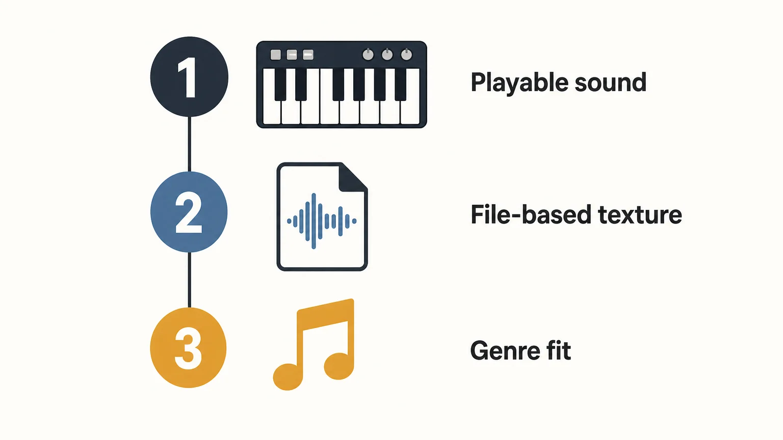 Three-step checklist for choosing a playable instrument, sound-effects file, or genre-focused VST