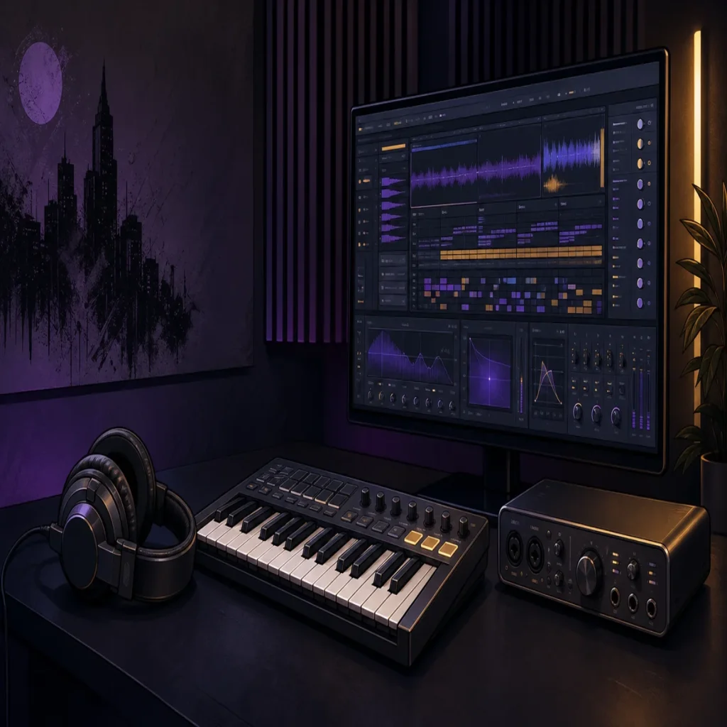 MIDI keyboard and headphones beside a computer used for modern music production