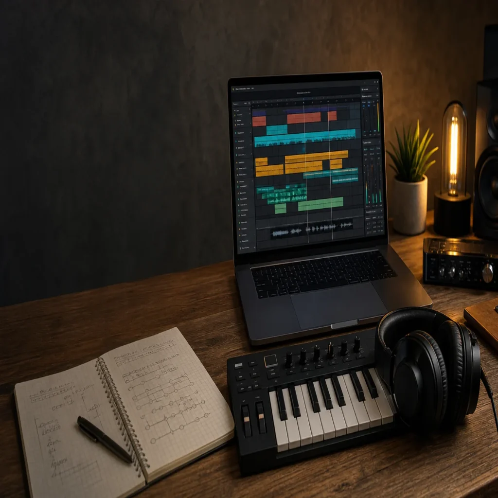 Professional producer workspace with MIDI keyboard and laptop for evaluating a custom sound bank.