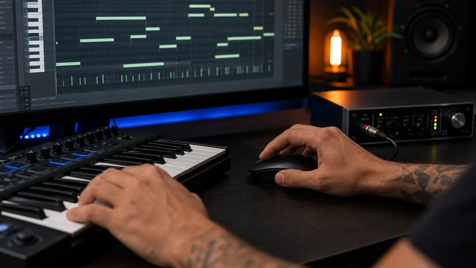 Producer editing melodic MIDI ideas beside a MIDI keyboard in a studio.