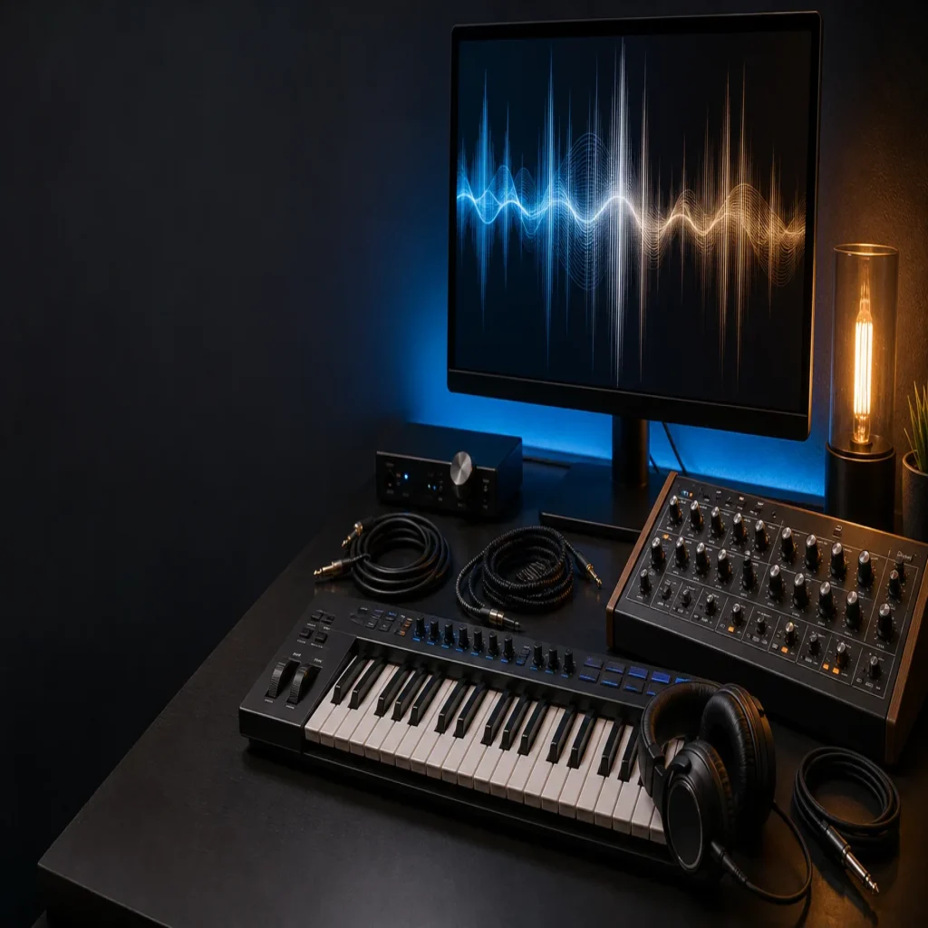 Professional music production desk with synthesizer and MIDI keyboard for bass sound design