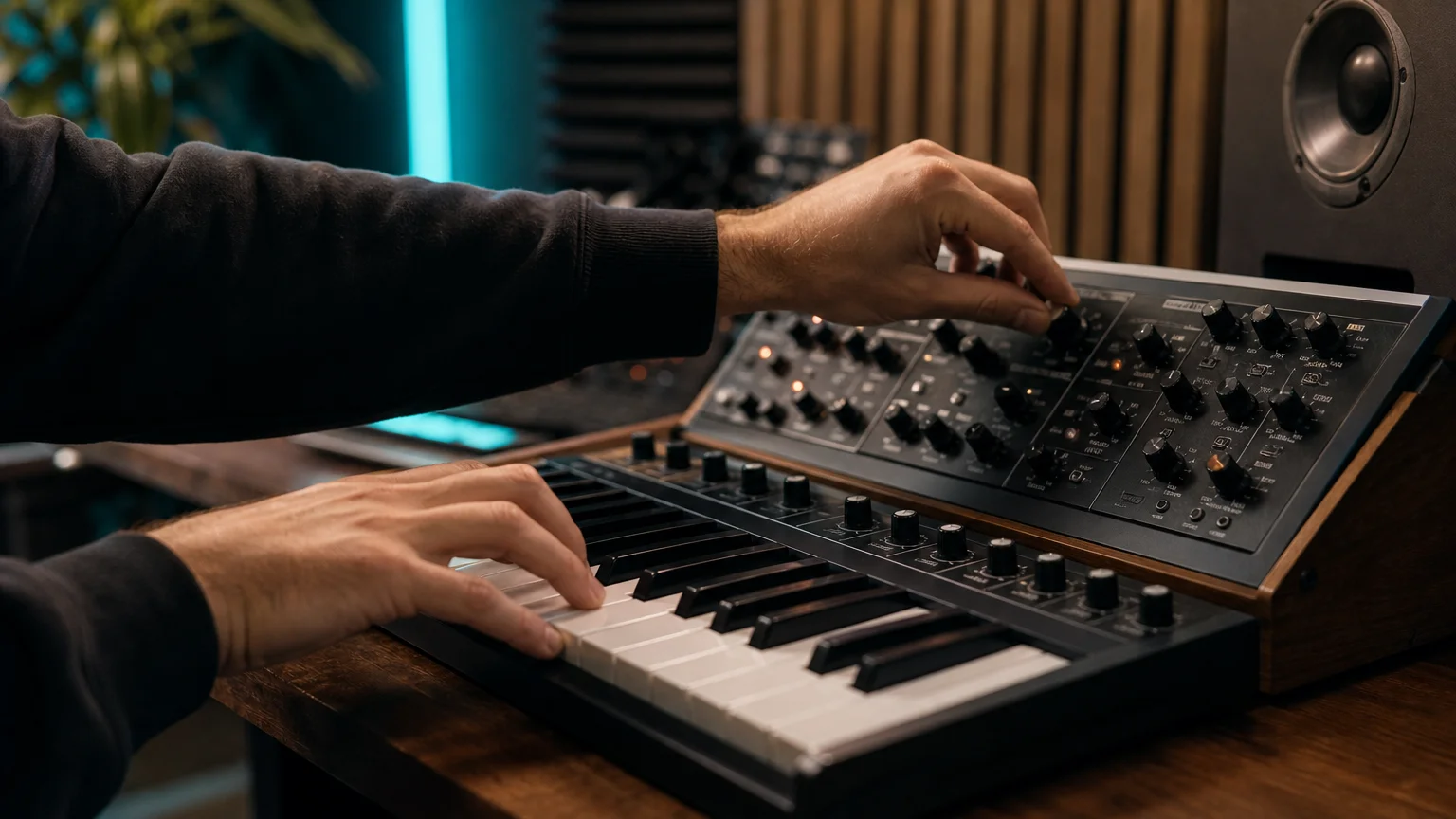 Producer adjusting a synthesizer filter while auditioning bass sounds on a MIDI keyboard