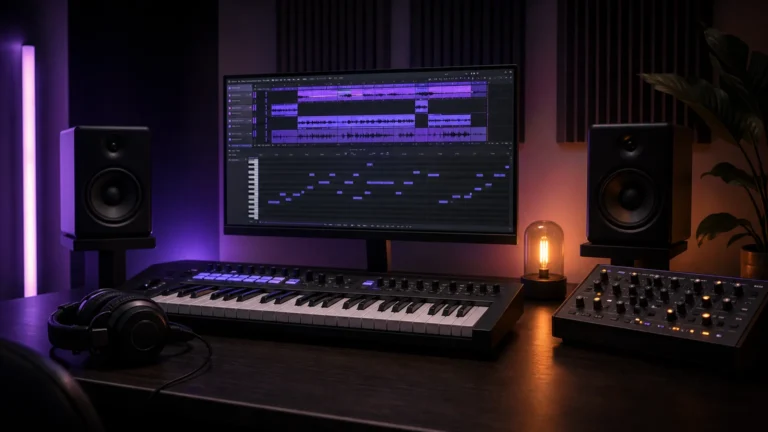Professional music production desk with MIDI keyboard, headphones, monitors, and synthesizer for PluggnB beatmaking.