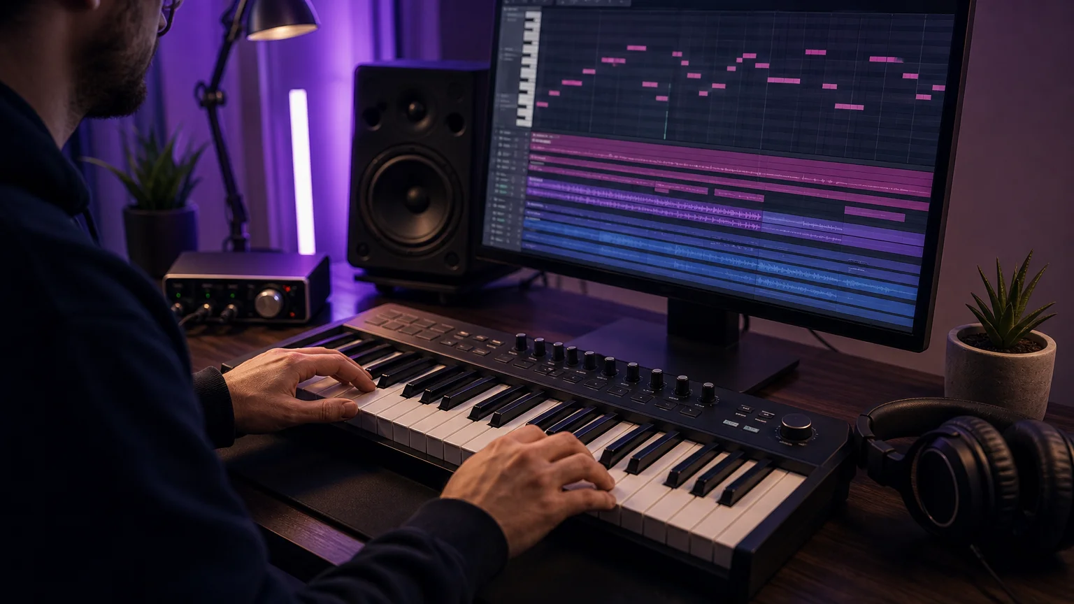 Producer programming a melodic MIDI loop with a keyboard and computer in a home studio.