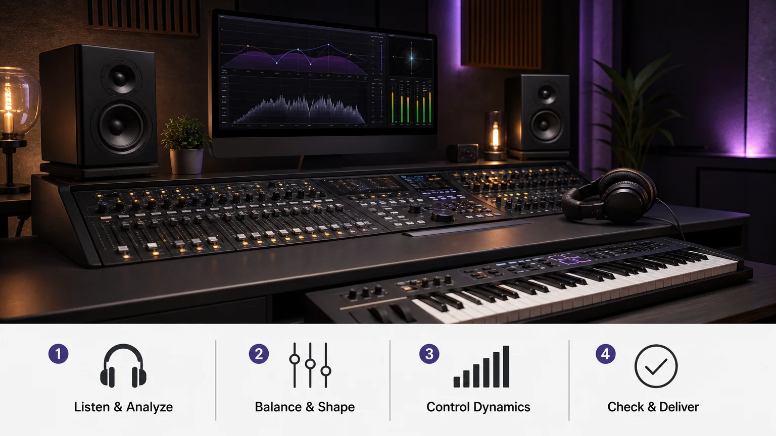 Professional mixing desk with studio monitors, headphones, and abstract audio meters for PluggnB production.