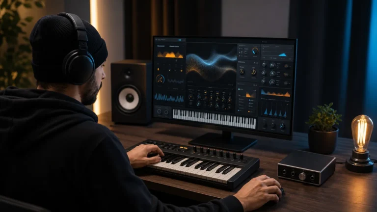 Music producer evaluating virtual instrument presets in a modern studio