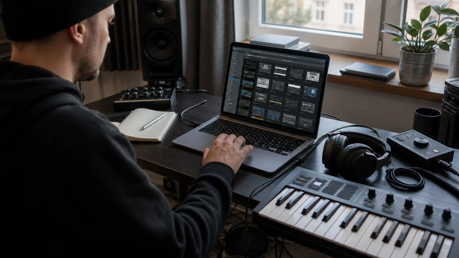 Organized music production workstation for checking virtual instrument presets