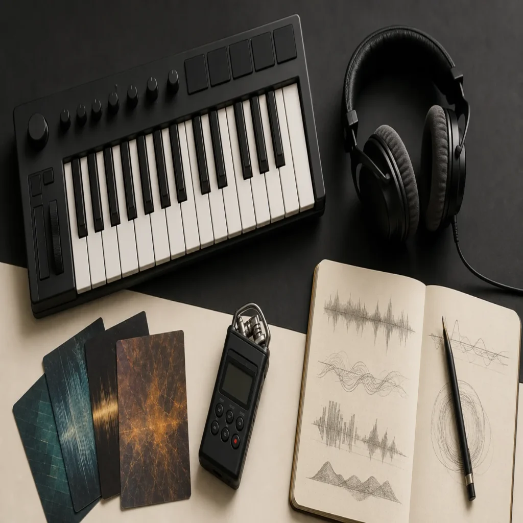 Editorial flat lay contrasting melodic production tools with field recording gear