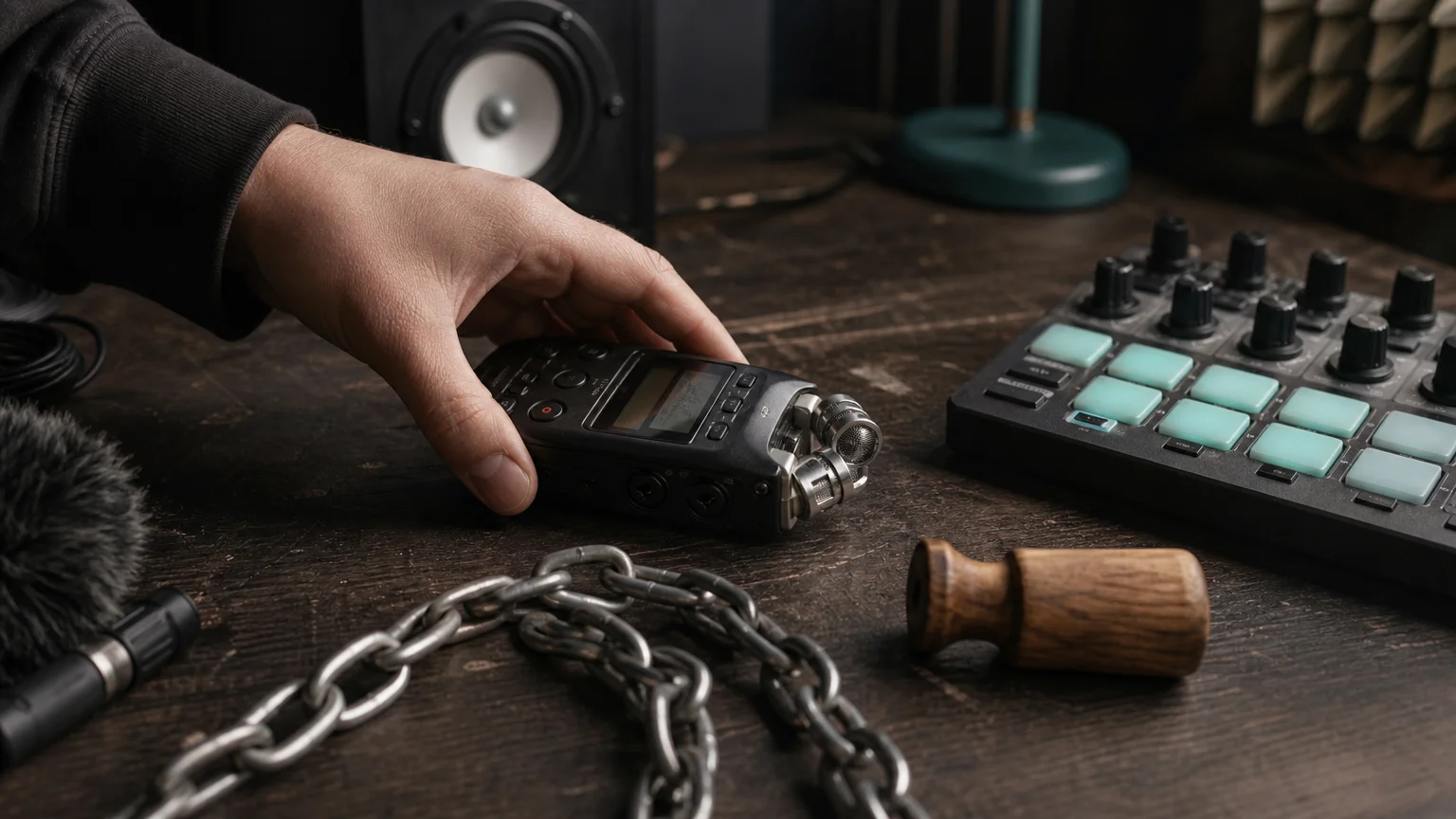 Close-up of field recording equipment and tactile Foley objects in a music studio
