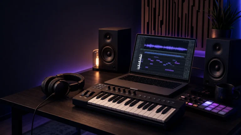 Professional music production workstation prepared for trap beatmaking