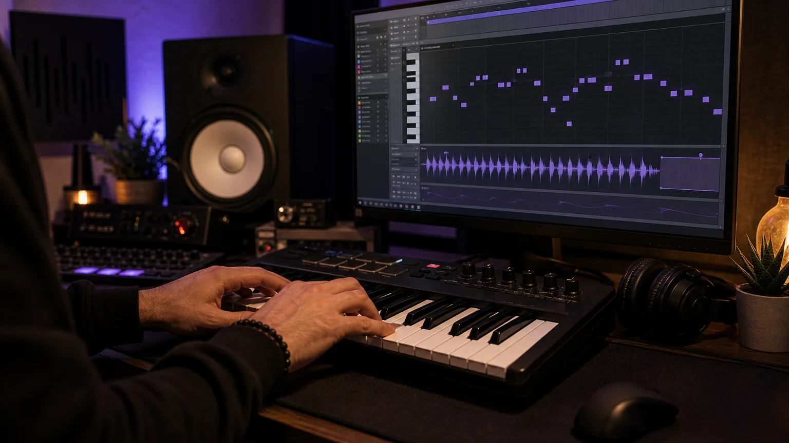 Producer building a melodic trap idea with a MIDI keyboard and DAW