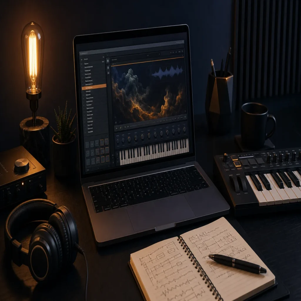 Modern beatmaking setup with a laptop, MIDI keyboard, and headphones