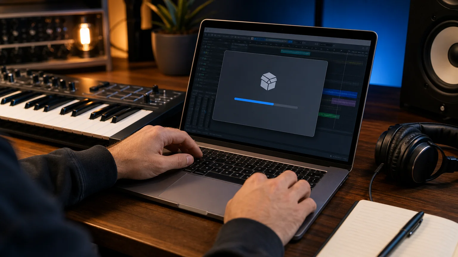 Producer installing an Audio Unit instrument beside a MIDI keyboard