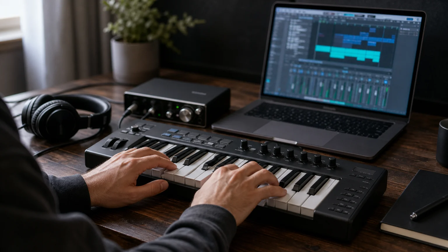 Producer playing a MIDI keyboard while shaping a beat