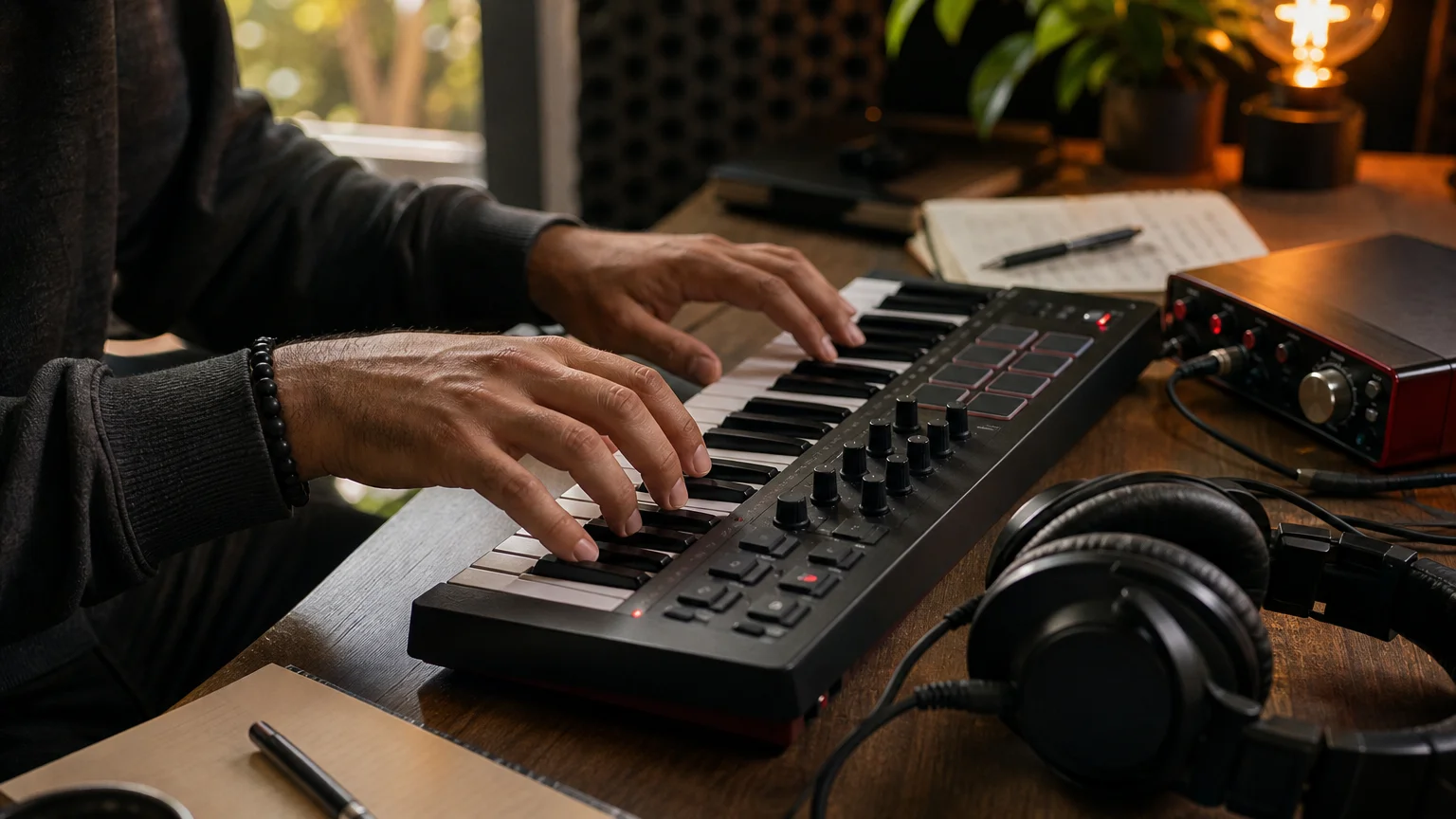Close up of hands playing a MIDI keyboard in a music production studio