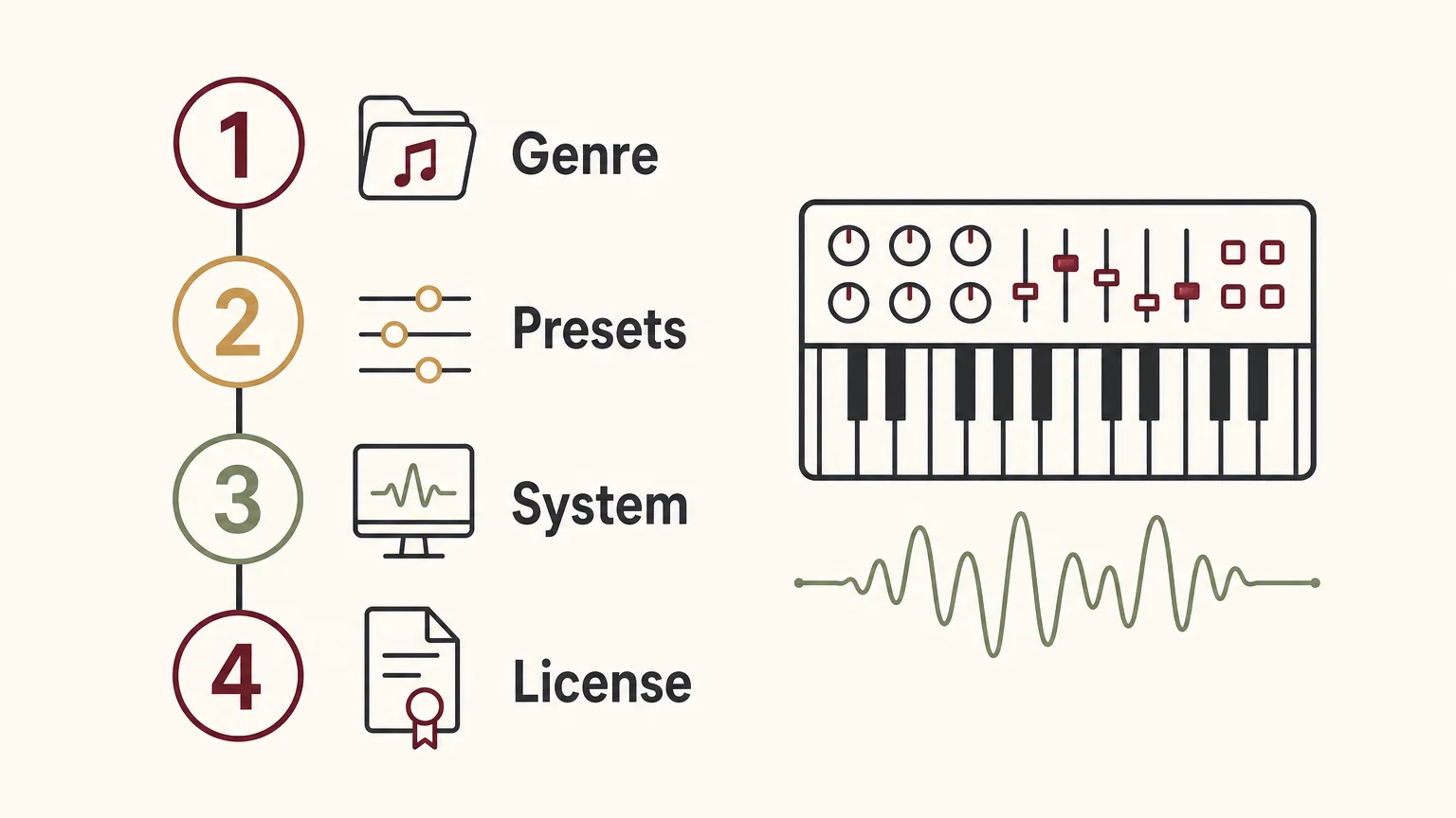 Checklist infographic for evaluating genre, presets, system compatibility, and licensing