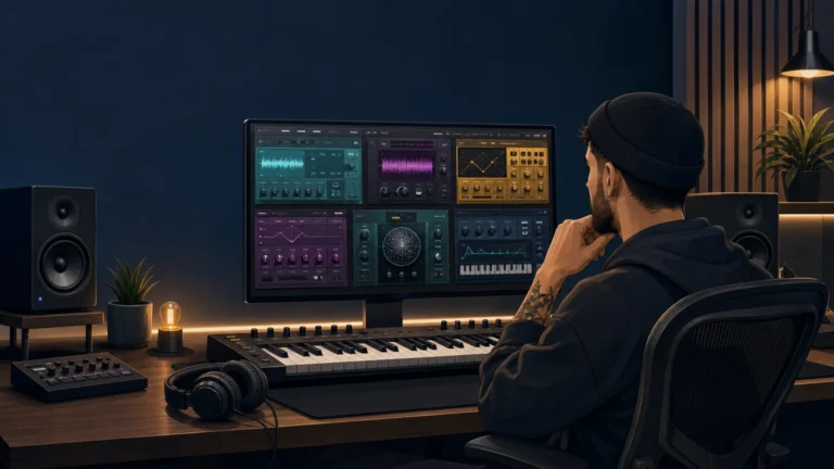 Music producer comparing virtual instruments and samplers in a modern studio