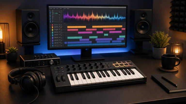 Music production workspace with MIDI keyboard and organized sound-bank workflow