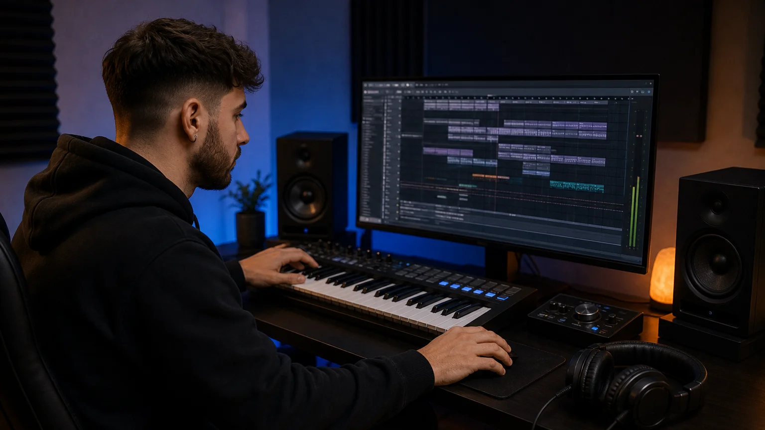 Producer working on a focused beatmaking session with a MIDI keyboard
