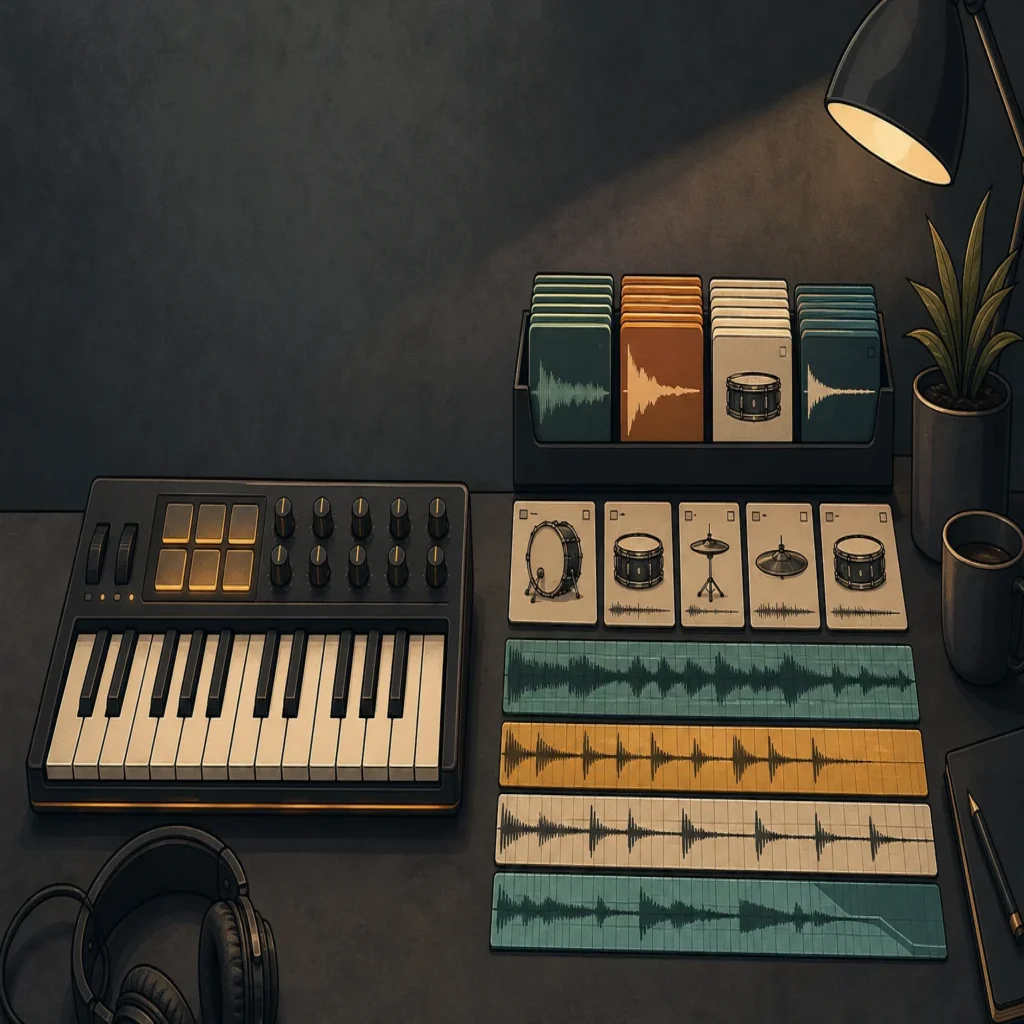 Editorial illustration contrasting a virtual instrument sound bank with organized audio sample files.