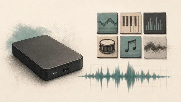 Illustration of a storage drive beside audio sample tiles and a waveform.